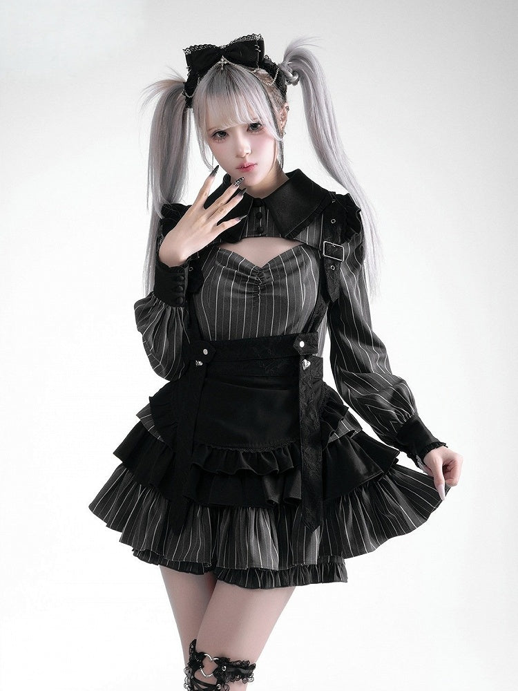 Black Gray Jirai Kei Striped Collared Tiered Ruffle Dress Set - Fluffy Heart