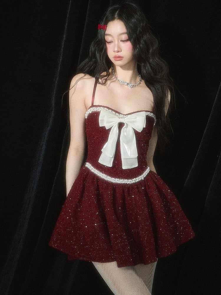 Weihnachtsrotes Tweed-Unterkleid mit Schleife und Perlendetails