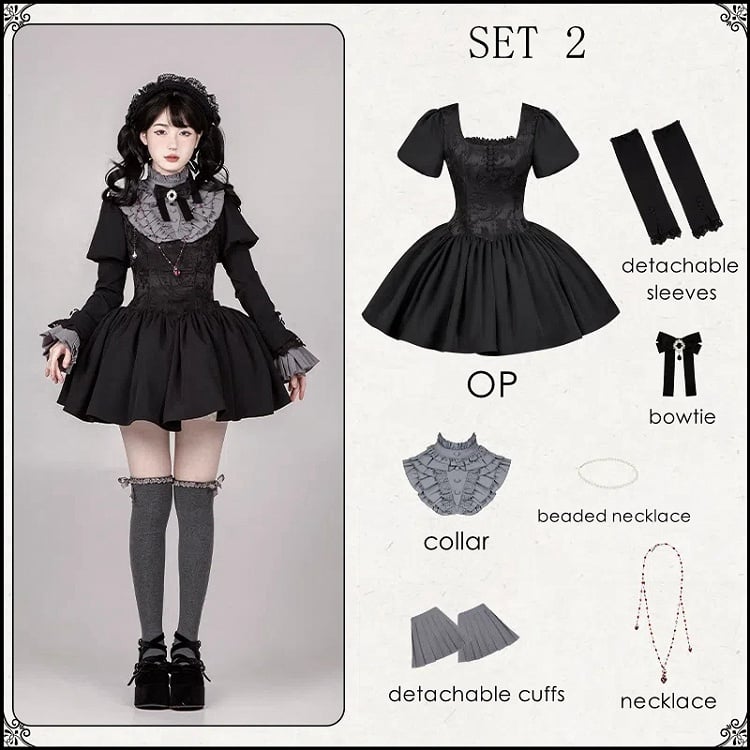 Black Short Version Boned Waist Square Neckline Dress Elegant Lolita Full Set