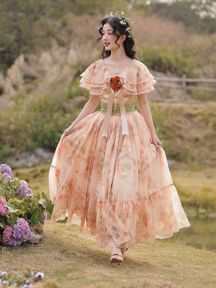 Orange Pink Vintage Floral Print Tiered Shawl Collar Dress