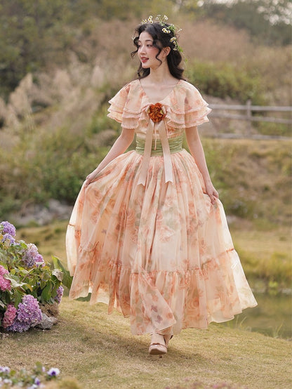 Orange Pink Vintage Floral Print Tiered Shawl Collar Dress