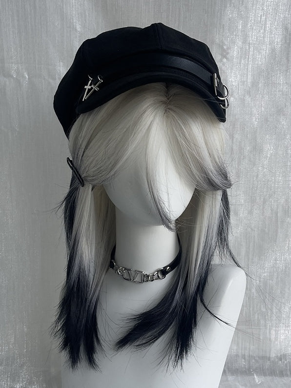 ブラックホワイトオンブレバスト上丈ストレート合成ウィッグ