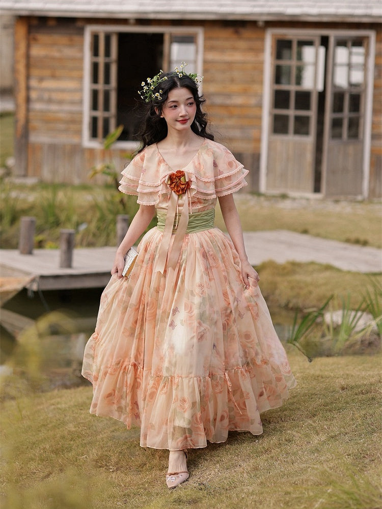 Orange Pink Vintage Floral Print Tiered Shawl Collar Dress