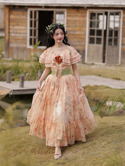 Orange Pink Vintage Floral Print Tiered Shawl Collar Dress