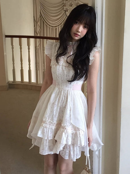 White Seiso-Kei Floral Flutter Sleeve Dress Ruffle - LA LA JK