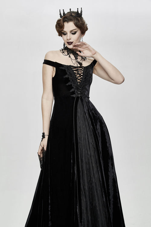 Gothic Queen Velvet Flat Shoulders Lace Up Deep V-Neck Slim Sexy Long Dress