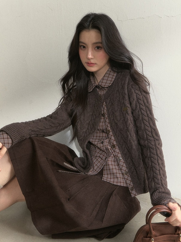 Sweet Plaid Blouse with Pattern Fake Two-piece Brown