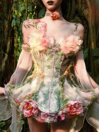 Tulle Goth Fairy Pink and Overlay Floral Green Corset Boned Forest + Petticoat Sleeves