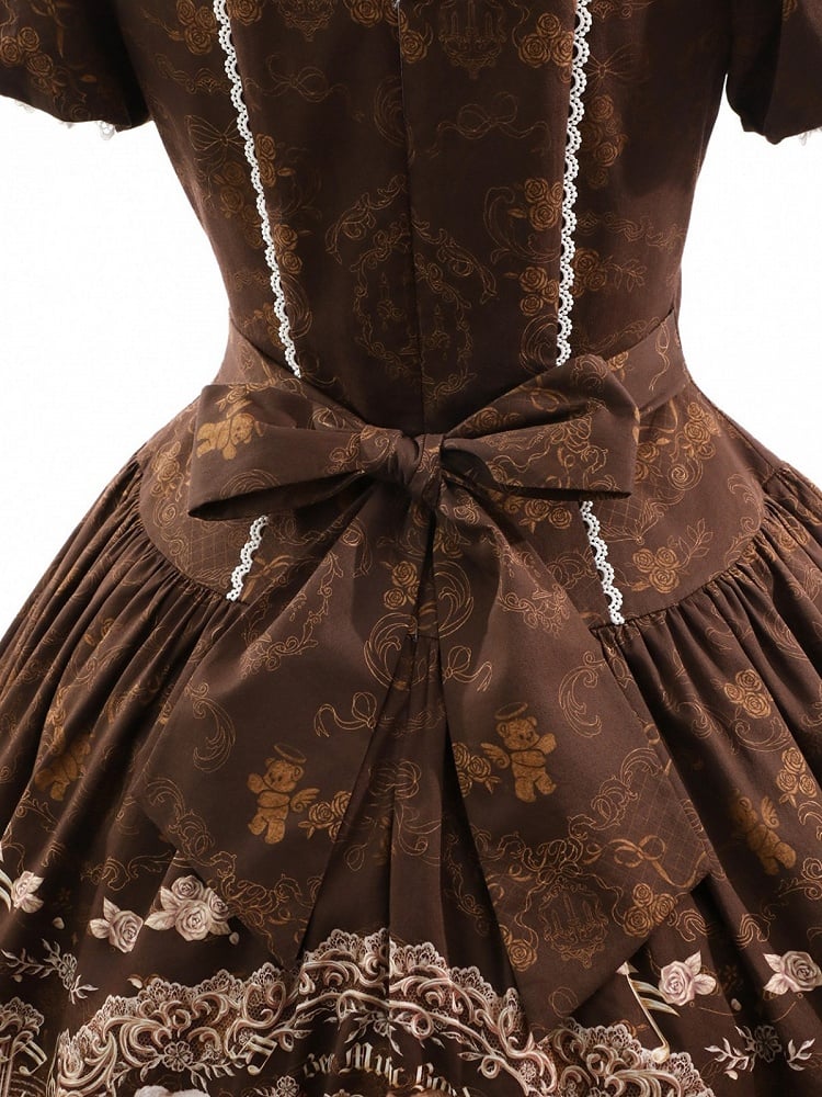 Vintage Doll Style Brown Short Sleeve OP Dress with Bear Symphony Print - Twin Bear Original Design