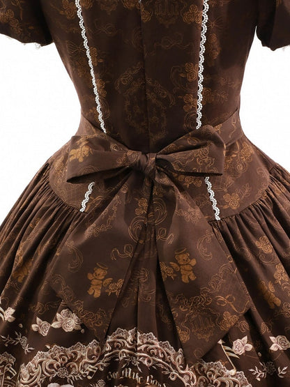 Vintage Doll Style Brown Short Sleeve OP Dress with Bear Symphony Print - Twin Bear Original Design