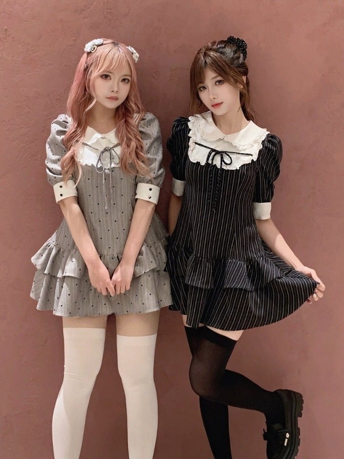 Gray Heart-Printed Peter Pan Collar Ruffled Short Sleeve Dress - Smyster