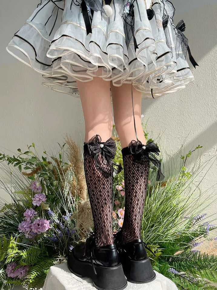 Socks Heart White/Black Lace Cutout Ribbon Bow Calf