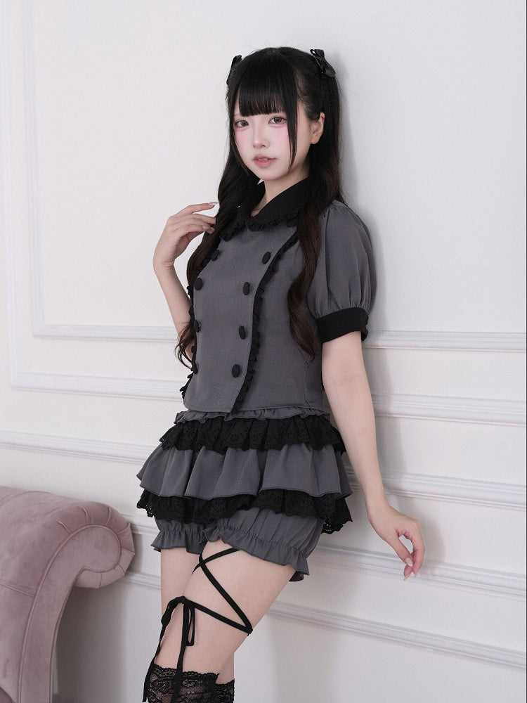 Gray Jirai Kei Double-Breasted Short Sleeve Top with Ruffle Details - No Genki