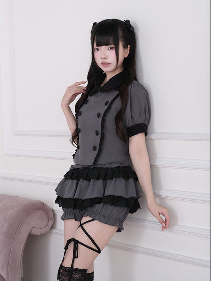 Gray Jirai Kei Double-Breasted Short Sleeve Top with Ruffle Details - No Genki
