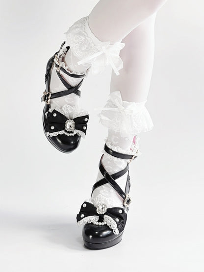 Ornate - Lolita Hime-Kei Heels Black Bow Beaded