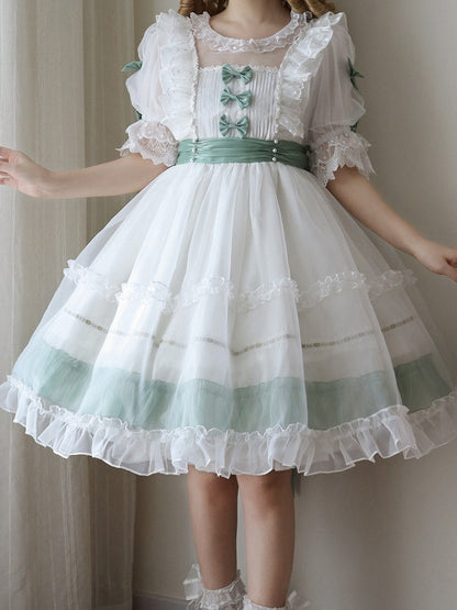 Dress Bow Ruffle with Accents Green Classic and White Lolita