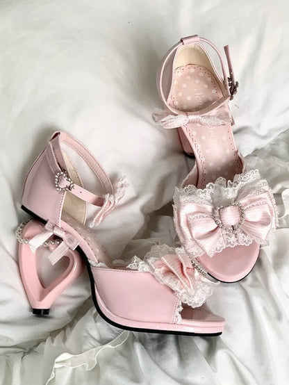 with Beaded Lolita Pink Shoes High-heel Hime Embellishments