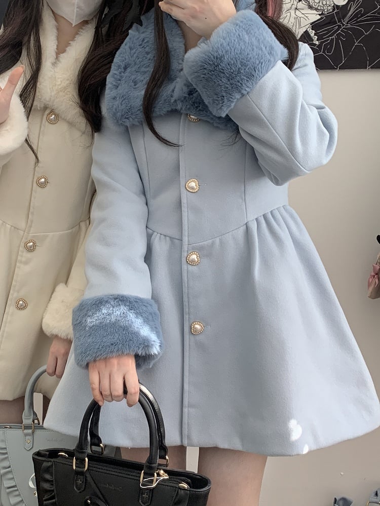 Pink Jirai Kei Wool Coat with Plush Collar and Cuffs