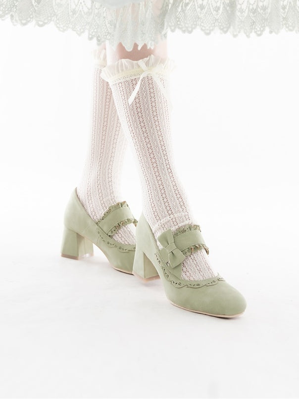 Lace High with Bow Green Block Heels Scalloped Sweet Fit - Slip-In Design Hem Accents Lolita