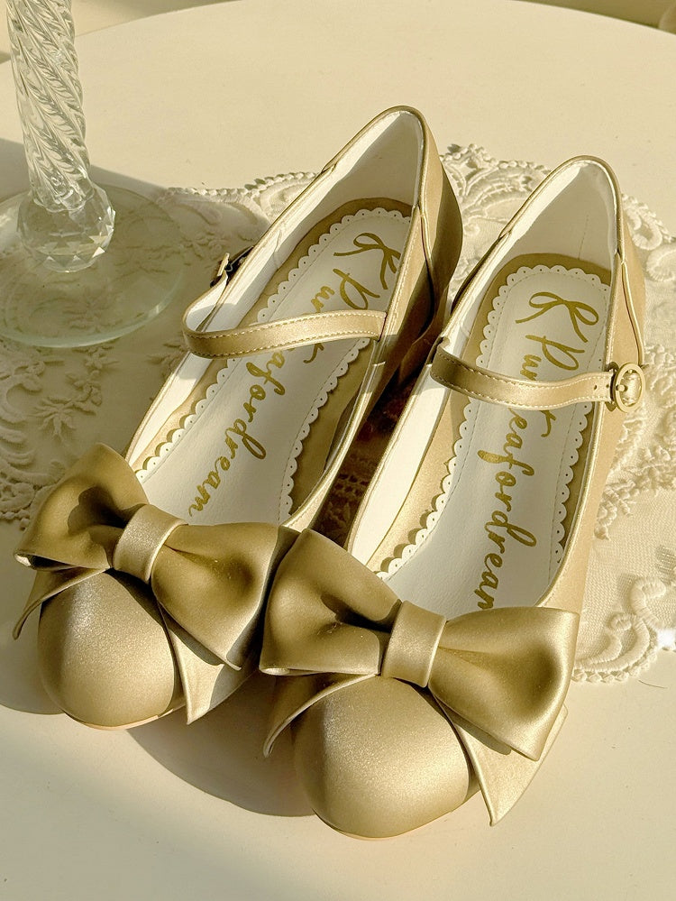 Golden Elegant Lolita Mary Janes - PU Leather with Bow at Top & Circular Snap Fastening