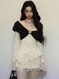 Apricot Big Bow with Asymmetrical Hem V-neck Long-Sleeve Lace Top
