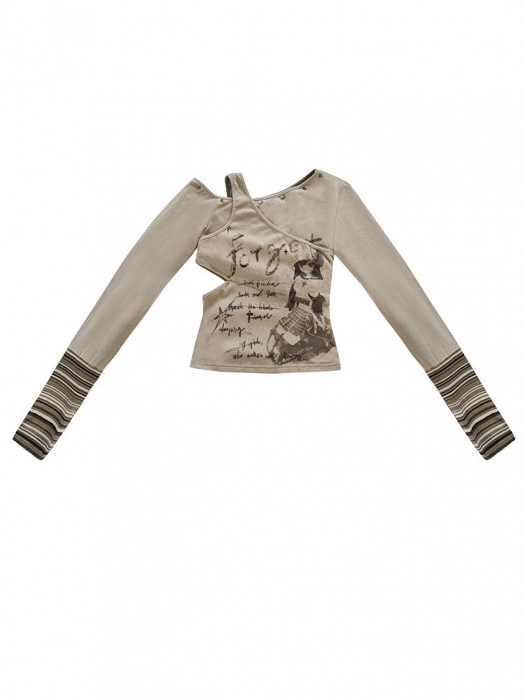 Camel Cuffs Striped Asymmetrical Girl Top Long Print - Sleeve Letter Neckline Cartoon with