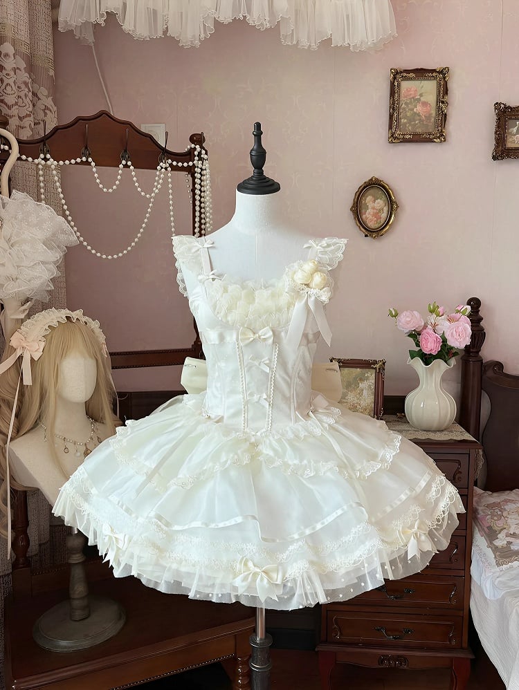 Beige Flutter Sleeves Bowknots Dress Bodice JSK on Balletcore Sweet Lolita Puffy
