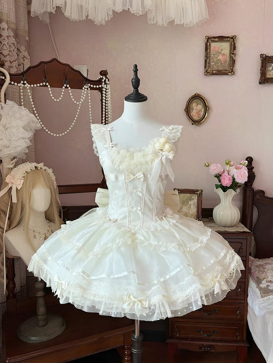 Beige Flatterärmel Schleifenkleid Mieder JSK auf Balletcore Sweet Lolita Puffy