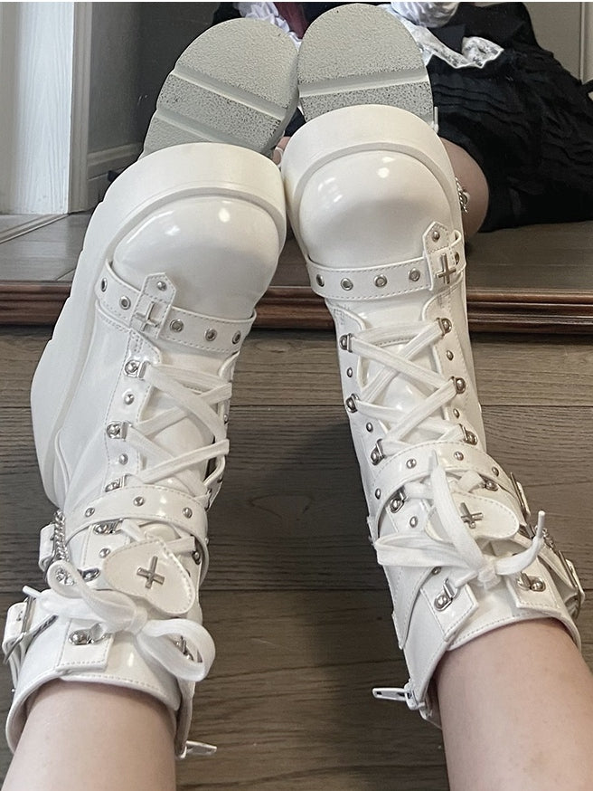 Punk Polished Motifs Platform Heart PU - Cross Boots White