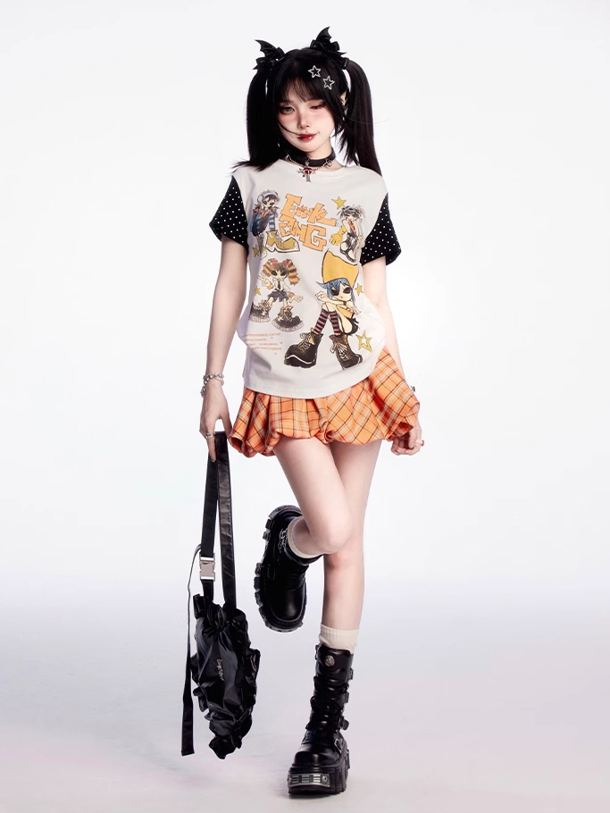 パピーオレンジチェック柄ドローストリングウエストプリントミニバブルスカート