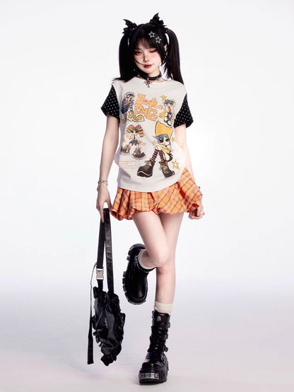 パピーオレンジチェック柄ドローストリングウエストプリントミニバブルスカート