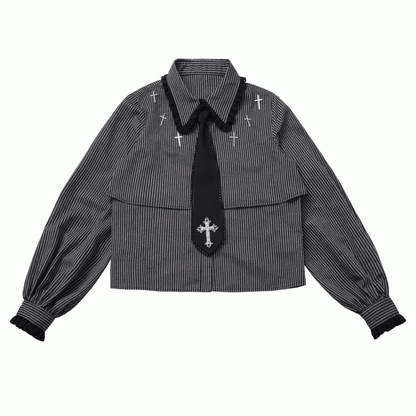 Gray Gothic Cross Black Oversized Shirt Collar Two-Piece Faux Dark Details Stripe Lace and Cuffs with |