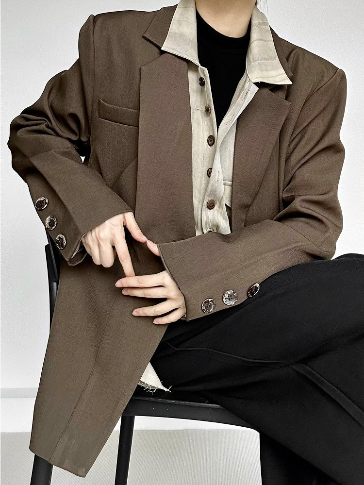 Notched Ouji Cuffs Unisex Collar Lolita Vintage Blazer with Button Coffee