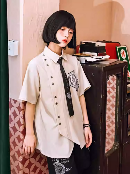 シャツ ホワイト アシンメトリー ボタン 半袖 プレッピー プラケット