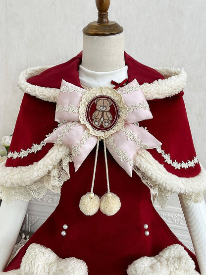 Ears Red Knitted Cape Skirt JSK - Sweet Lolita Dress Winter + Bunny Set Bear-Themed Top Short White