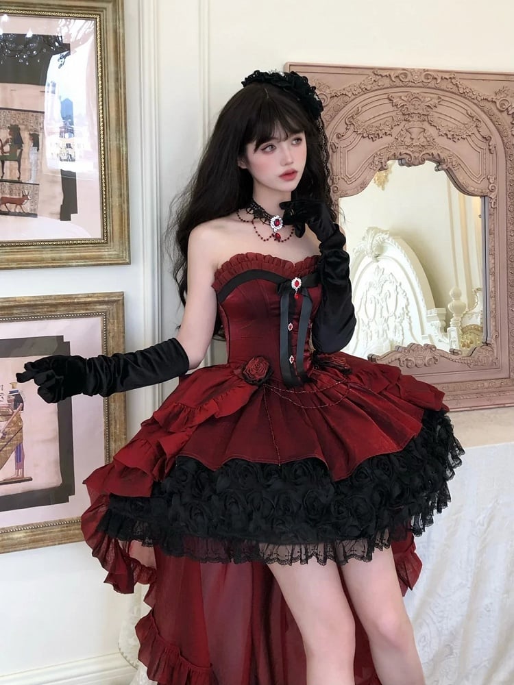 Lolita Bouquet Strapless Boned Red Gothic Hem with Black Rose Dress