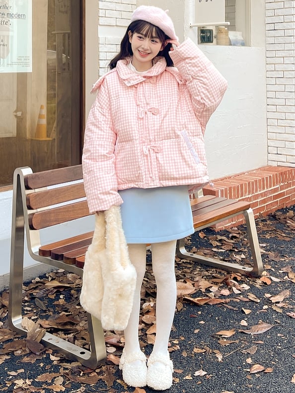 Pink Plaid Hooded Down Sweetheart Button Jacket