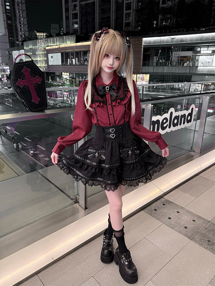 High-Waisted Skirt with Tiered Cross-Stitch Lace  Leather Strap Jirai Kei Black