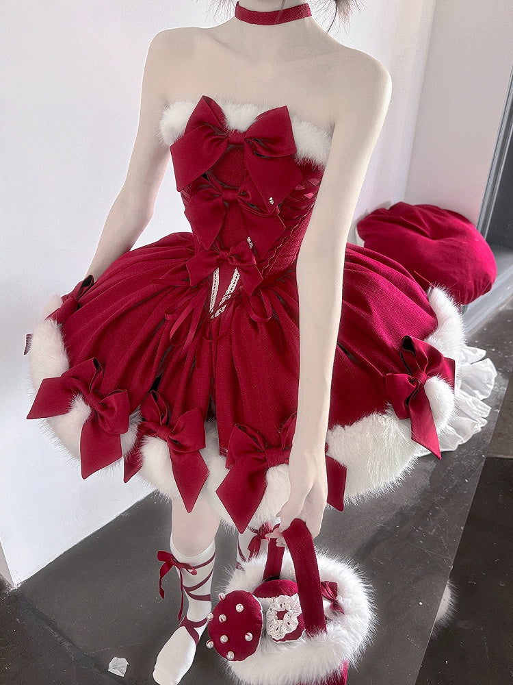 Red Christmas Bows Decorated Plush Neckline and Hemline Boning Dress + Cape Full Set