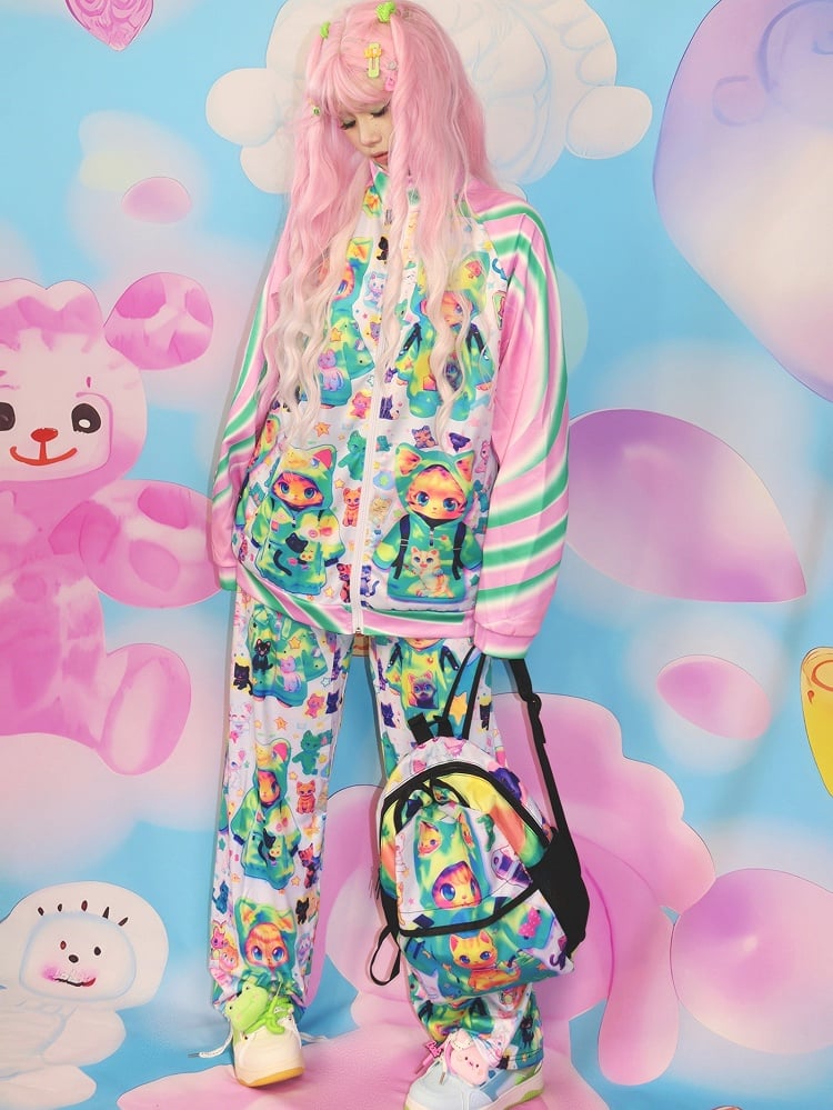 Print Cat Jacket Y2K PinkGreen