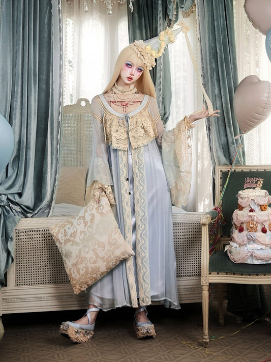 Baby Blue Bell Sleeve Flared Robe with Apricot Lace Details - Blood Supply