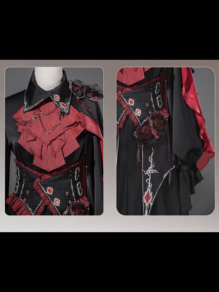 Ouji Lolita Gothic Shirt, Long Pants and Corset Set with Capelet in Black & Red - Unknown Star
