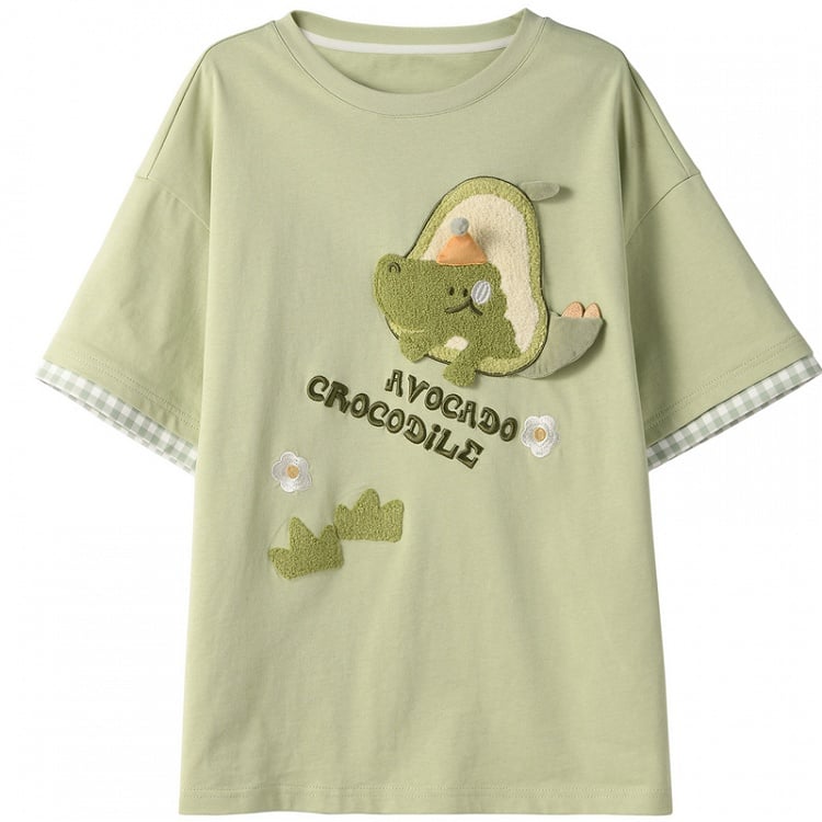 Neck Cutton Plush Crocodile/Fox Applique Apricot/Green Round T-Shirt