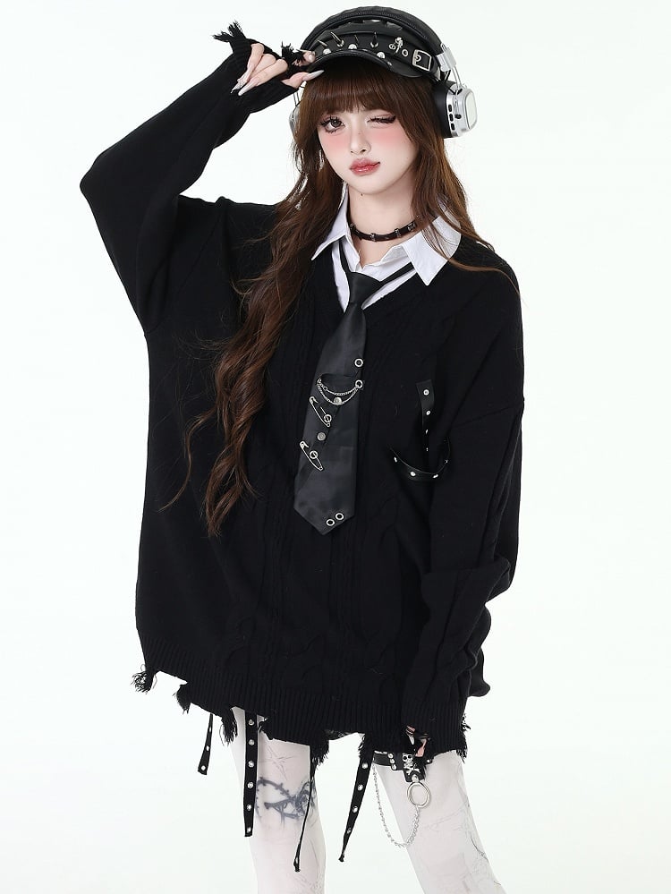 ディストレストリムフェイクツーピースプレッピーセーター（フリータイ付き）