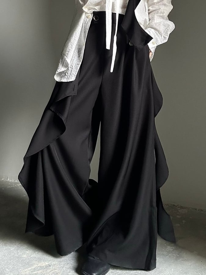 Accents with Zip Black Pants Ruffle Wide-leg Closure Ouji and - Cascading Button