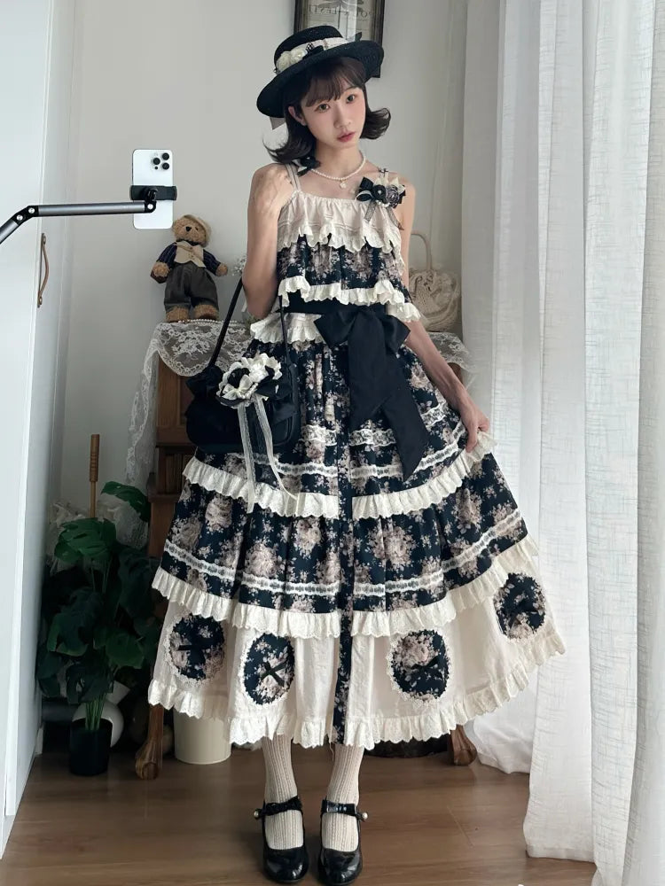 Black Rosette Print and Top Cami Tiered Beige