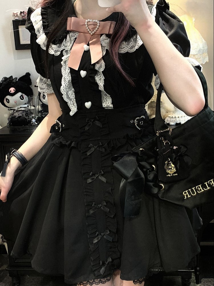 Spitzen-Shorts-Kleid mit blau/weiß/pink/schwarzem Kei-Schleifendetails, Jirai-Overall