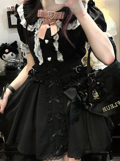 Spitzen-Shorts-Kleid mit blau/weiß/pink/schwarzem Kei-Schleifendetails, Jirai-Overall