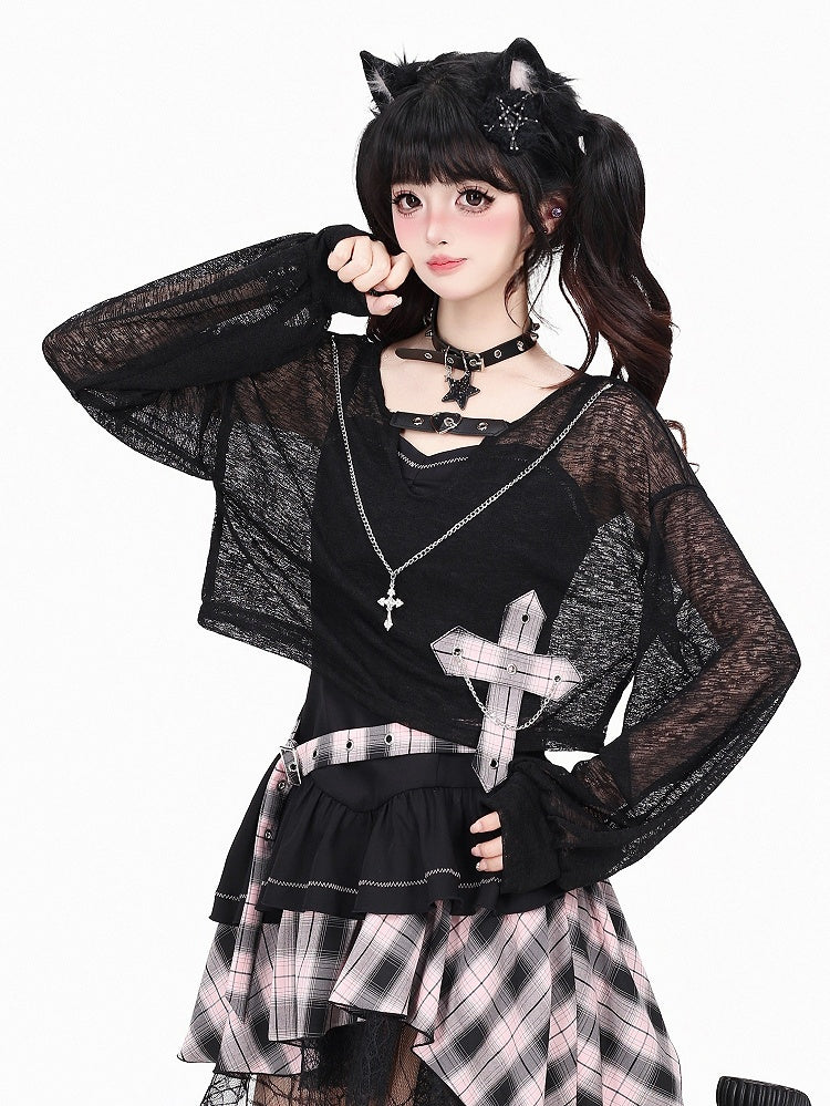 Black & Pink Plaid Cross Chain Decor Cropped Top - CRAZY GIRL
