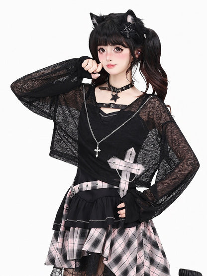 Black & Pink Plaid Cross Chain Decor Cropped Top - CRAZY GIRL